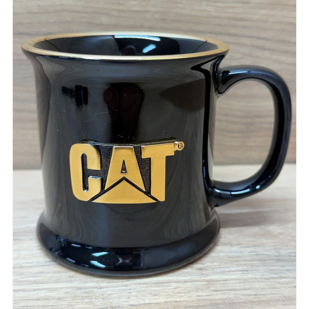 Vintage CAT Caterpillar Equipment Coffee Cup Mug Black w/ Gold Trim